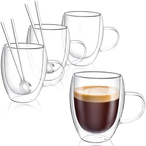 OYY Набор от Стъклени Кафеени чаши с двойни стени от 4-12 унции, Прозрачна утайка от чаша с дръжка, Кафе в чаша за Еспресо с Лъжичка, Изолирано Стъкло Кафеена чаша Подхо?