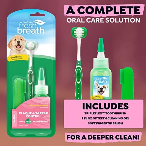 Комплект за грижа за устната кухина TropiClean Fresh Breath за кученца - Пълен набор от четка за зъби и гел за паста за зъби - Помага за Премахване на зъбната плака и зъбния камъ