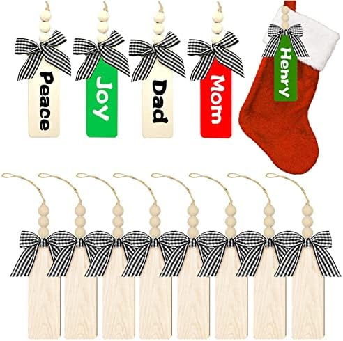 Medoore 12 Бр. Коледен Отглеждане Дървена виси Етикет с Името на Персонални Дървени Тагове за Отглеждане на Коледни Чорапи Подвесная виси Етикет с Дървени Мъниста и Лък