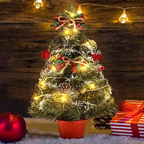 Малката коледна елха Baauye с подсветка, Маса мини-Коледна елха с led гирлянди, Зелен смърч и Тъканно поставка за коледна украса