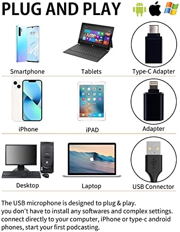 USB-микрофон KaboChuanmei за мобилни телефони iPhone, Android и PC с функция за мониторинг на Реверберация Слушалки,