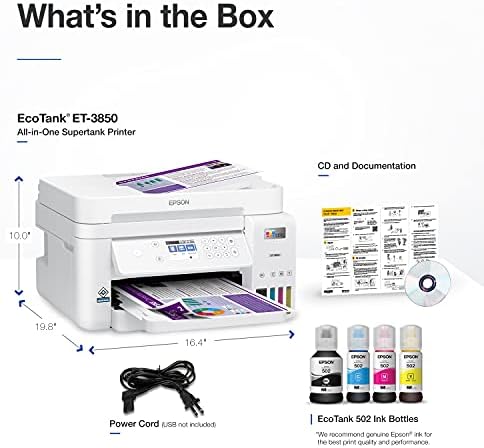 Безжичен цвят универсален принтер Epson EcoTank ET-3850 без патрони Supertank със скенер, копировальным апарат, ADF и Ethernet - Перфектният принтер за домашния офис