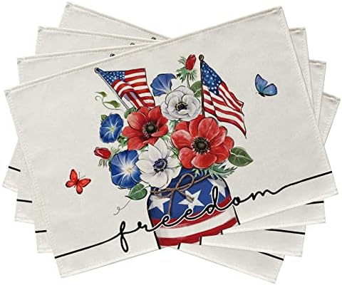 Seliem 4 юли Патриотични Кърпички с флорални маково семе, Комплект от 4 Салфетки, Утринна Слава, Американски Флаг, Свобода, Подложки За масата за Хранене, Летни Почивки,