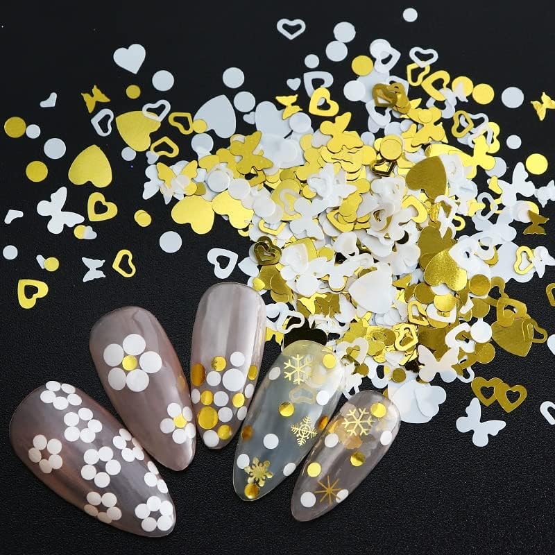 1 комплект Луксозни пайети за нокти от бяло злато, 3D Пеперуди, Цветя, Сърце, Смесени Пайети, Висулки, Бижута, Блестящи