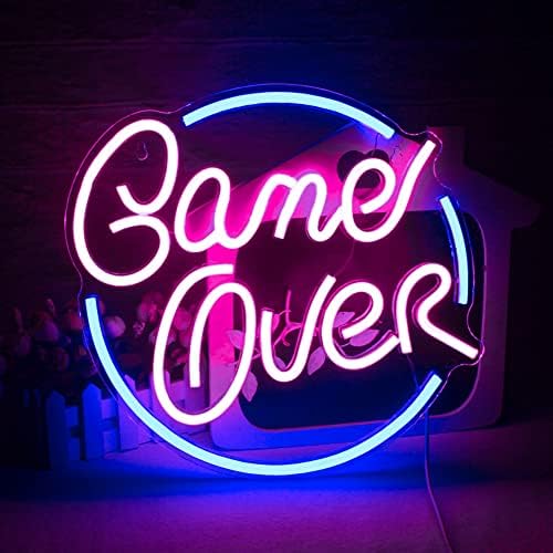 Неонова реклама с JURONGYILU Game Over Розово-Синя Led Неонова лампа с Надпис за Игри Стая декор, който се захранва