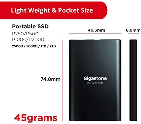 Преносим SSD устройство Gigastone капацитет от 250 GB със скорост на четене до 550 MB / s. Външен твърд диск, USB 3.1 Type-C, ултра тънък метален 3D NAND, за преносими PC, PS4, Mac, Windows, Linux, Android, X