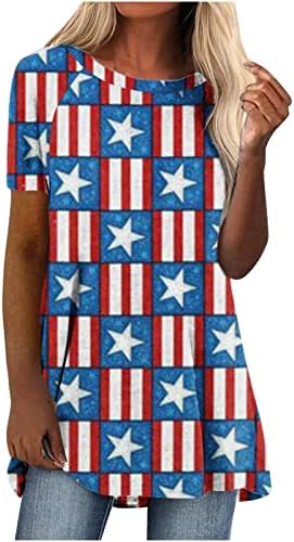Дамски Летни Блузи, Туника с Къс Ръкав, Без Ежедневна Риза Райе с Принтом Звезди на 4 юли, Модна Тениска с Американския Флаг