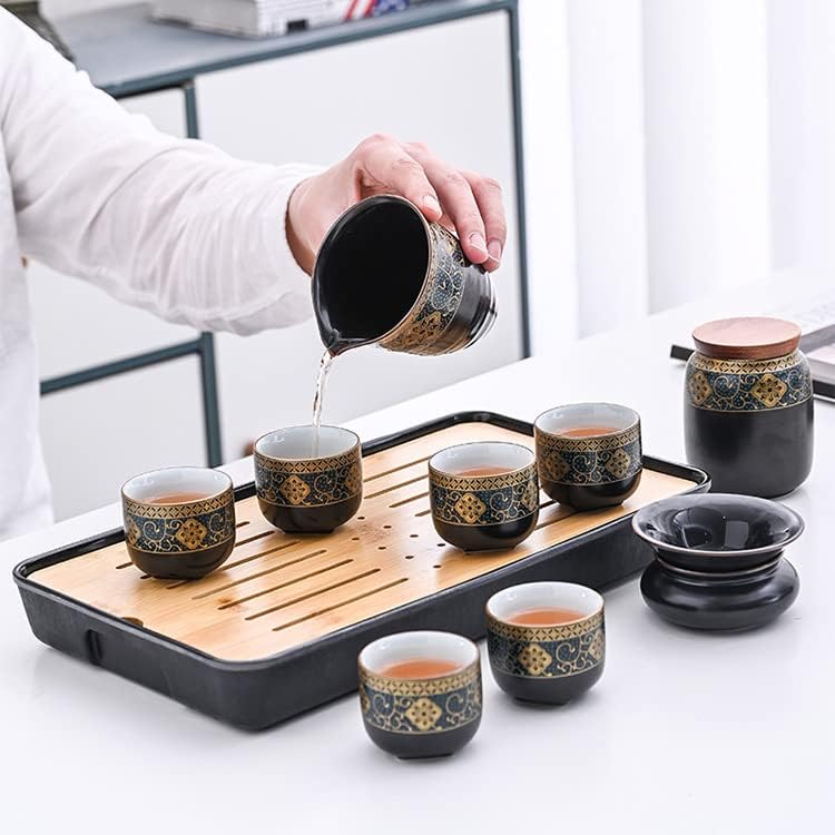 китайски Златни Керамични Чай fanquare за кунг-фу, Японски Пътен Чай Комплект с Тава, Преносим Чанта, Черен Чайник,