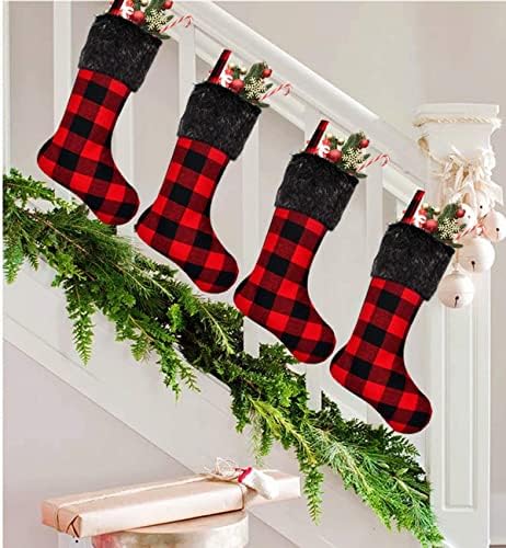 Коледни чорапи Yoochee, 4 опаковки, големи 18-цолови чорапи в клетка от Бъфало за коледната украса, Трайни