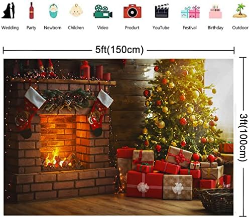 Коледен Тухлена Фон за Камина с размерите на 5x3 Фута, Коледно Дърво, Червени Подарък Чорапи, Коледни Фон за Снимки, на