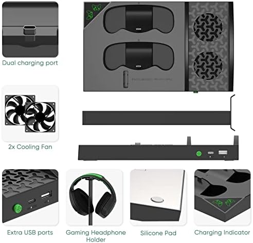Вертикална Поставка FASTSNAIL с Охлаждащ вентилатор за Xbox Series S, зарядно устройство за контролера на Xbox Series X / S, 2 Комплекта Акумулаторни Батерии с капацитет 1400 mah, зарядн