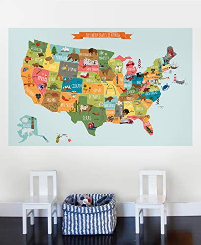 Прости форми на Детски Плакат с карта на САЩ, Стикер на стената, Илюстрирани детски карта САЩ (голяма - 70