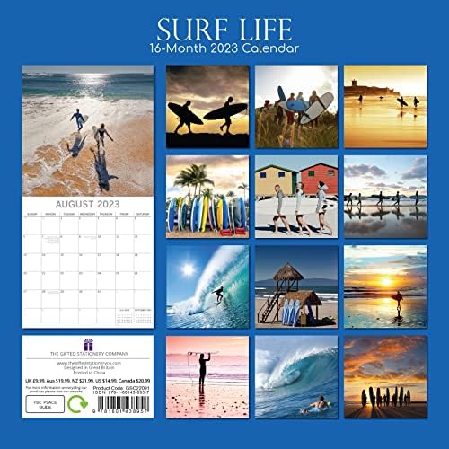 Квадратен стенен календар за 2023 година, на тема Животът в сърфиране, Начин на живот на 16 месеца със 180 стикери-записки