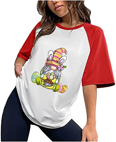Дамски тениски с образа на Великденски яйца и Джуджета, Модерен Raglan, Цветен Блок Риза с Къси ръкави, Свободни Топове с Кръгло Деколте, Ежедневни Тренировочная Блуза