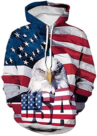 OQC Унисекс САЩ с Принтом на Американското знаме от 4 юли Патриотичен Дълъг Ръкав Джобове Тънък Пуловер Hoody С качулка