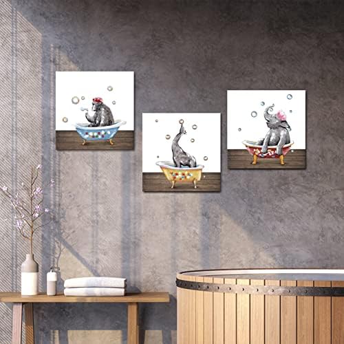 LoveHouse Абстрактно Животно Стенно Изкуство за Декорация на стените в банята, Комплект от 3 теми, Сладък Слон, Горила, Жираф, Получаващи вана, Живопис, Опъната Платно за