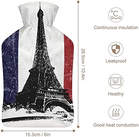 Бутилка за Гореща Вода с Айфеловата Кула, Флаг на Франция, с Меки Плюшени Капак, Топло Гума Пакет За Впръскване на Вода 1000