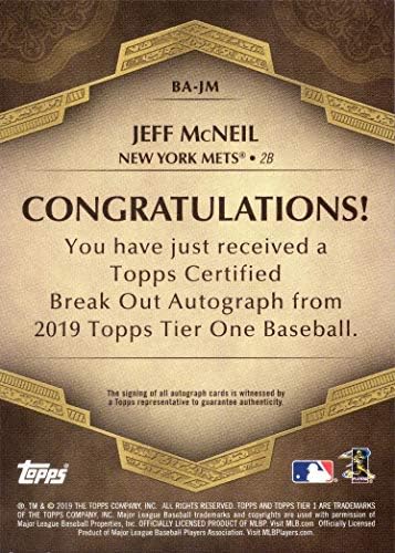 Бейзбол първо ниво 2019 #BA-JM Джеф Макнил Сертифицировал карта начинаещ с автограф - произведени само 250 екземпляра!
