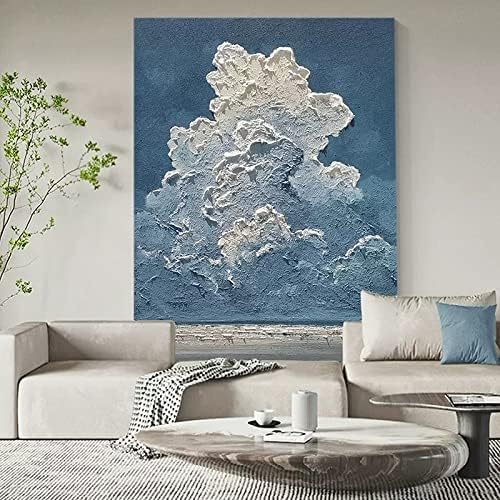 JFNISS Art 3D Абстрактни Художествени Картини - Живопис с маслени бои Върху платно синьо небе и бели облаци Ръчно Рисувани Абстрактни произведения на изкуството, Платно