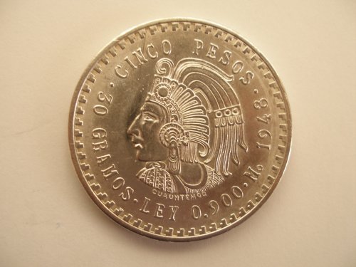 Сребърна монета 1948 г. Куаутемок Синко, 30 песос, 0,900 граммошных lei.