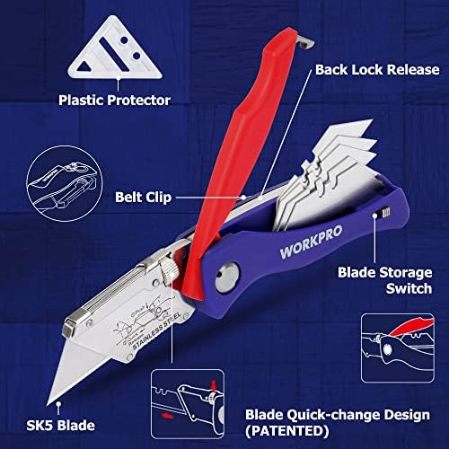 Сгъваем универсален нож WORKPRO 2-в-1 и Опаковки машина с допълнителни остриета SK5 по 25 бр.