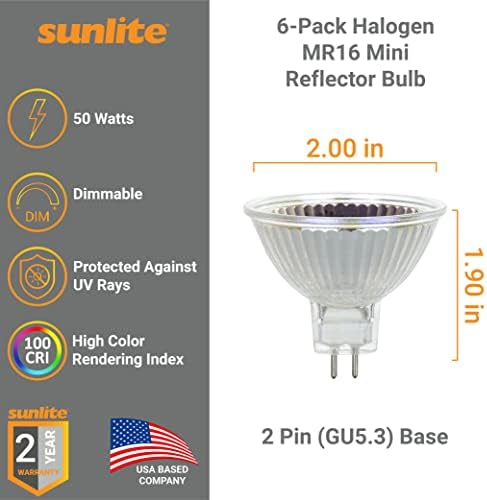 Sunlite 03210-СУ 50MR16/FL/12V Халогенна лампа MR16 с прожектором 38 °, 50 W, 12 Волта, Двухконтактное основа (GU5.3), с регулируема яркост, със защита от ултравиолетови лъчи, 100 CRI, срокът ?