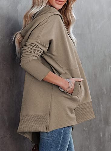 AlvaQ жени ежедневни блузи бутона V шията oversize пуловер hoody с качулка върхове с джобове