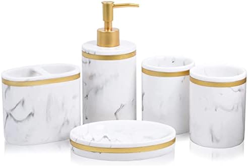 Комплект аксесоари за плотове за баня от 5 теми - Опаковка за течен сапун или лосион, препарат за съдове, 2 Чаши и държач за четка за зъби, Смола с мрамор модел (класиче