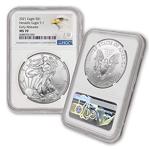 Монета американски сребърен орел MS-70 тегло 1 унция 2021 г. (MS70 - Heraldic Eagle T-1 - Ранните издания - лейбъл Eagle) Монетен двор на щата NGC стойност от 1 долар