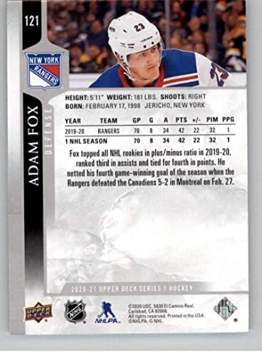 2020-21 Горната палуба 121 Хокейна карта на Адам Фокс Ню Йорк Рейнджърс в НХЛ