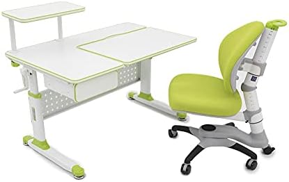 ApexDesk Little Soleil DX 43 Детски работно бюро с регулируема височина с Вградени рафтове и чекмедже (комплект Маса + стол – зелен)