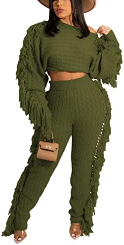 Комплекти Пуловери за Жени, Възли Комплекти от 2 теми с Пискюли, Обикновена Скъсяване на Пуловери и Панталони с Дълъг Ръкав, Комплект
