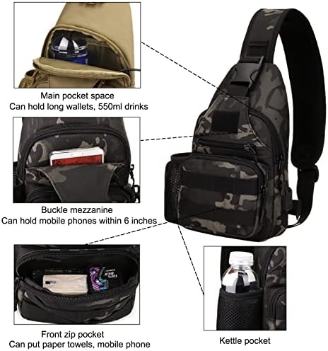 Тактическа раница-прашка ZHIERNA през Рамо с държач за бутилки с вода, Военни чанти за рамо MOLLE EDC, Отличителни Чанти с USB порт за зареждане, за пътуване, Разходки (Черен)