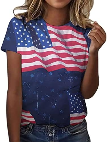 Тениски на 4 юли, Ризи за Жени, Лятна Тениска с Кръгло деколте и Къс Ръкав, Флаг на САЩ, Звездна Лента, Тениска с Вратовръзка-Боя, Върхове