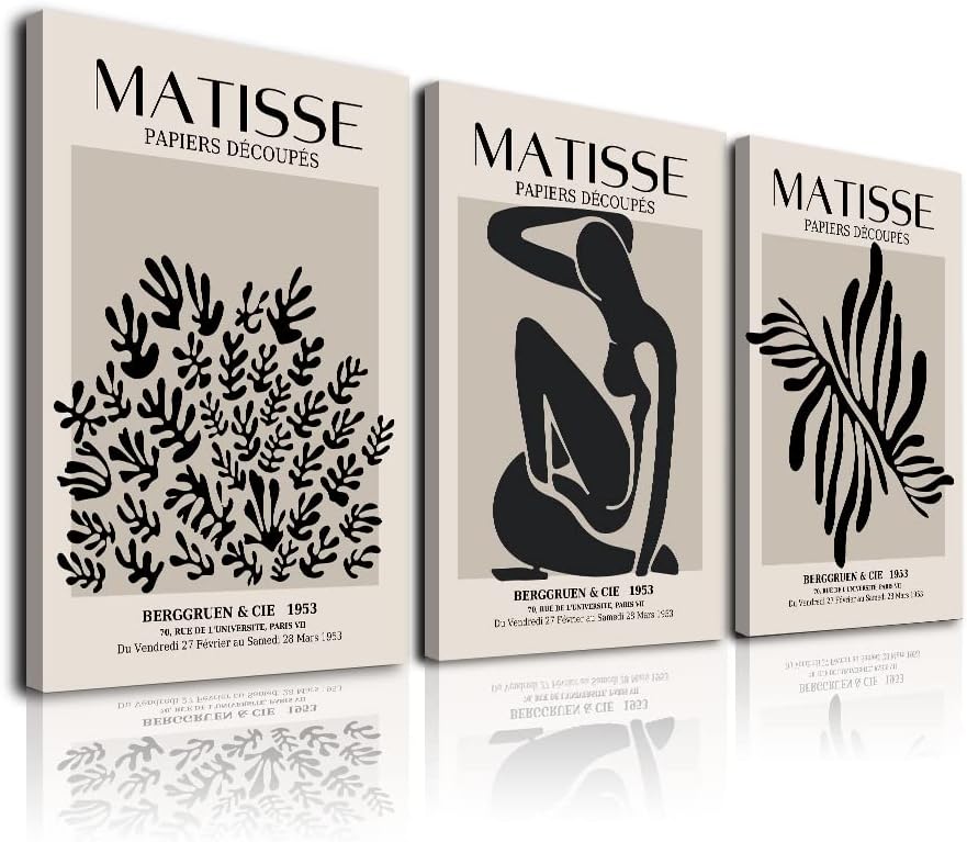 Matisse Wall Art Комплект от 3, Абстрактни Изложбени Плакати Matisse Wall Art, Черно и Бежово Платно в рамка с Щампи, Анри Матис,