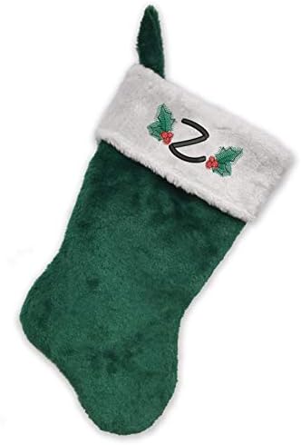 Първоначално Коледни Чорапи с бродирани мен монограм, на Зелено-Бял плюш, Инициал Z
