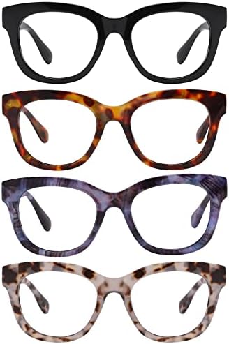 KSSESSE 4 Опаковки Очила за четене за Жени И Мъже, Блокер Синя Светлина Квадратни, Овални, Очила за Четене с Пружинным тръба на шарнирна Връзка