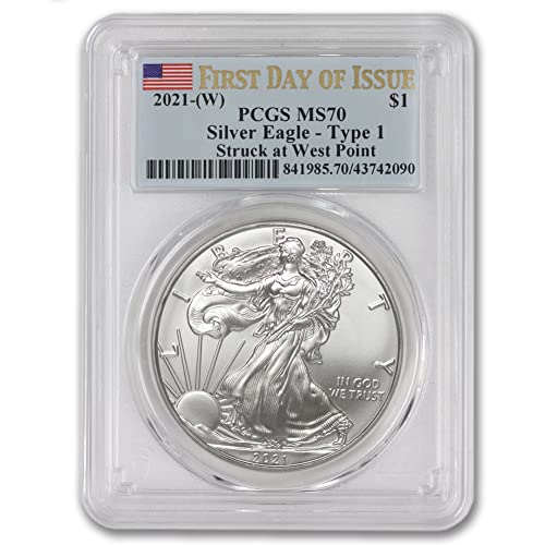2021 (Тегло) 1 унция американски сребърен орел MS-70 (тип 1 - T-1 - Първият ден на издаване - Отчеканен на монетния двор на Уест-Пойнта - етикет с флага) за 1 монета 70 долара.