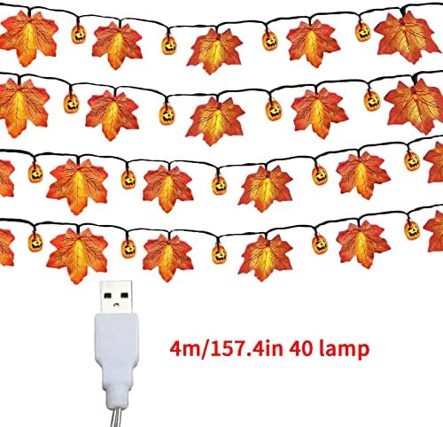 Отделението отделение за Деня на Благодарността и Хелоуин, Led венец с кленов лист, Декоративна венец за вътрешно и външно осветление, 4 м 40 светлини, USB-бяло светещо п