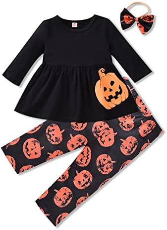 DOOLECK/ Облекло За Хелоуин За Малки Момичета, Тиква, Риза С виртуален скелет-Призрак, Разкроена Панталони, Превръзка На Главата си, Дрехи за Деца на Хелоуин