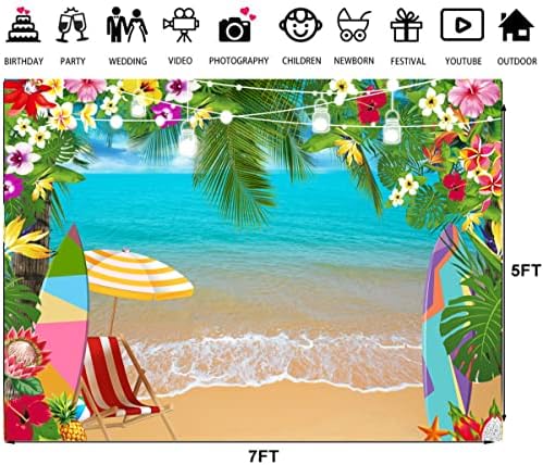 LTLYH 7x5ft Годишният Хавайски Плаж Фон за Снимки на Тропически Цветя Алоха Фона на Синьо Небе, Океан от Палмови Листа,