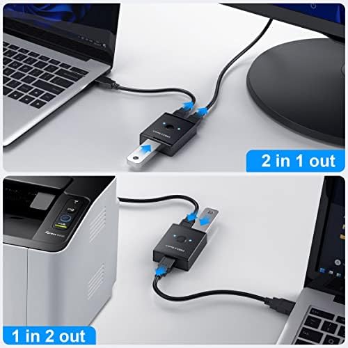 Cablecc KVM USB 3.0 Двупосочен превключвател за споделяне с 2 до 1 PC или Възел от 1 до 2 Клавиатура Мишка Скенер Принтер