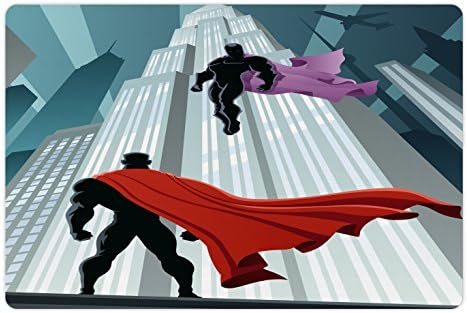 Foldout подложка за домашни любимци-супергерои за храна и вода, на Тема Герой лице в лице с Суперзлодеем в града срещу лошата конкуренция, Правоъгълен Нескользящий гум