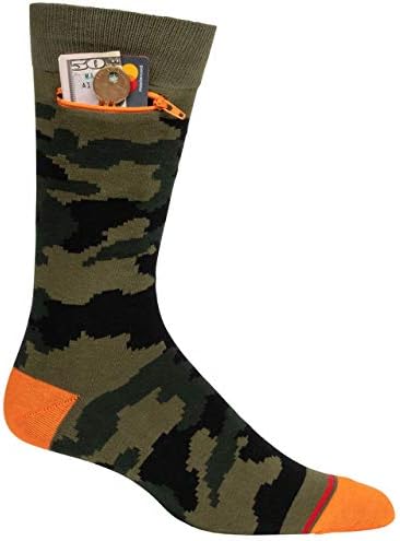Джобни Чорапи, Мъжки Модни Памучни чорапи за екипажа, Таен джоб с цип за документи за самоличност, втулки и др, Един Размер