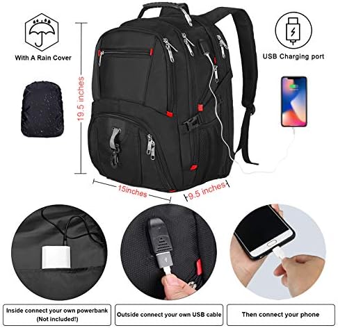 Пътен раница HuaChen за мъже и жени, Много Голям 17-инчовата чанта за лаптоп с USB порт и дождевиком за колеж, Удобна за TSA