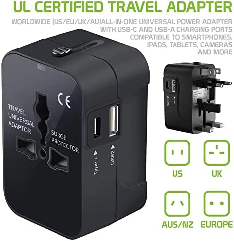 Международен захранващ адаптер USB Travel Plus, който е съвместим с Micromax A255 за захранване на 3 устройства по целия свят USB TypeC, USB-A за пътуване между САЩ /ЕС /AUS/NZ/UK /КН (черен)