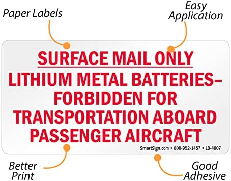 SmartSign Опаковка от 250 етикети Литиево-метални батерии, забранени за провозу в самолета на ролка, етикети само за