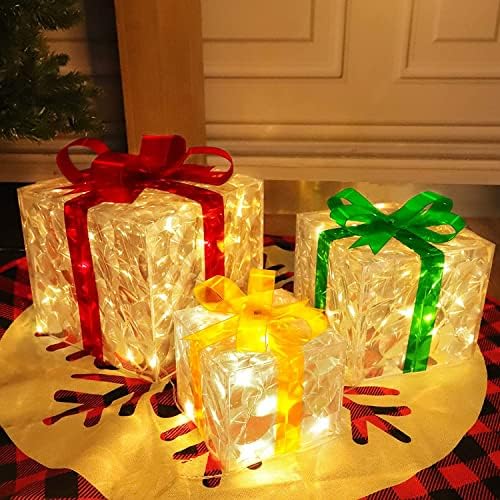 [По-голям размер 12 -8-6] 3 опаковки 60 подарък кутии с led осветление, Коледна украса, се Захранва от адаптер, Светещи Прозрачни Кутии подарък, Украса за Коледната елха, де