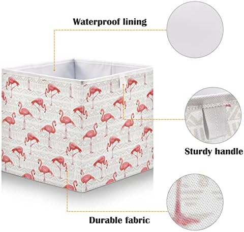 CaTaKu Flamingo Bird Boho Кубчета Кутии За Съхранение на 11 инча Сгъваем Текстилен Гардероб Кошница За Съхранение на Рафтове