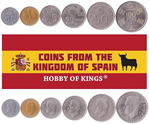 6 Монети от Испания | Колекция испански монети | 50 Сантима 1 5 25 50 100 песета | В обращение 1980 | Хуан Карлос I | Футбол